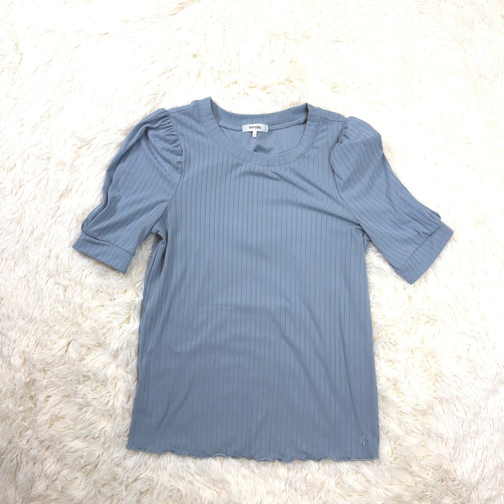 Kensie Ribbed Puff Sleeve Top Womens Large Blue Lettuce Hem Short Sleeve Crew